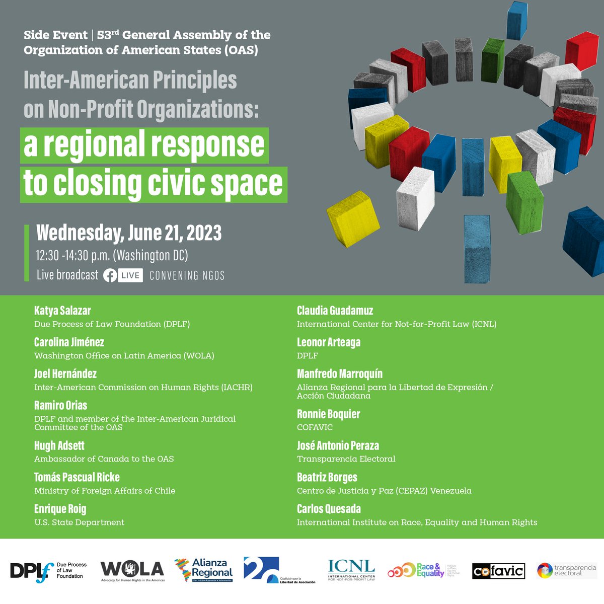 DPLF_info's tweet image. Active citizen participation and the strengthening of civil society are fundamental elements of democracy, but they currently face many challenges. TODAY we will discuss strategies to counteract the closing of civic space with experts in the framework of the 53rd  #OASassembly