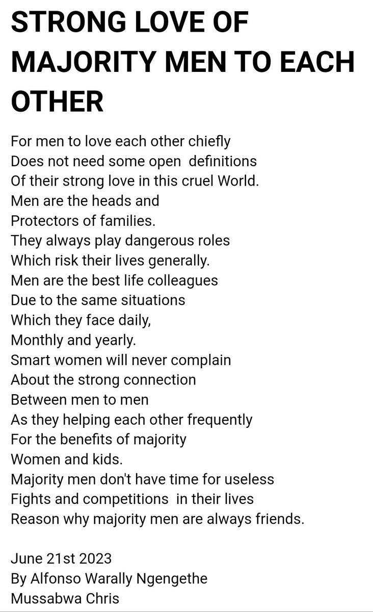 africa_up's tweet photo. #Poem: Strong love  of majority men to each other 

#poetry 
#Poetrywriter
#poetryposts
#Africaupmedia24 https://t.co/WgwfvMT5UK