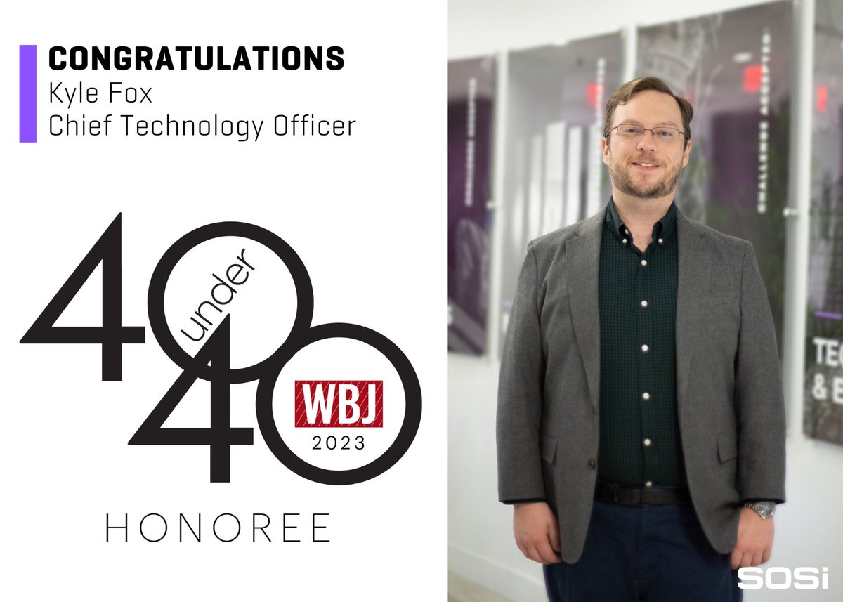 Congrats to our CTO Kyle Fox for being honored as a <a href="/WBJonline/">Washington Business Journal</a> #40Under40. Kyle has made tremendous impacts to #nationalsecurity, global stability, humanitarian causes, and the #OpenSource Software community.

Read: sosi.com/press-release/…

#WBJ #WeAreSOSi #tech