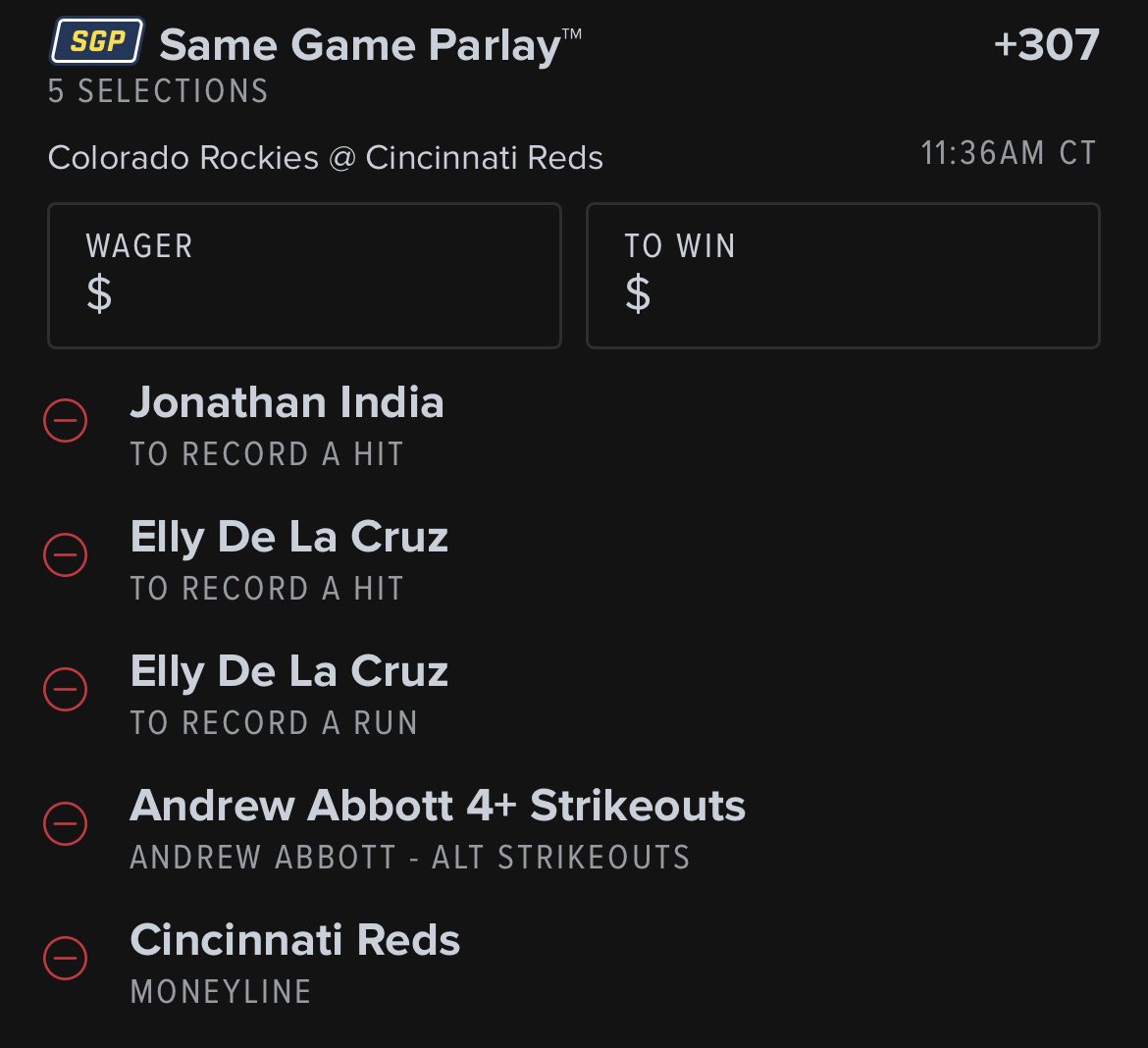 ⭐️ COL vs CIN SGP (+307) ⭐️ 🔹Jonathan India Hit 🔹Elly De La Cruz Hit 🔹Elly De La Cruz Run 🔹Andrew Abbott 4+ Ks 🔹Reds ML If this hits I will giveaway $25 to someone who ❤️ this tweet. Let’s get it 🤝 #GamblingTwitter