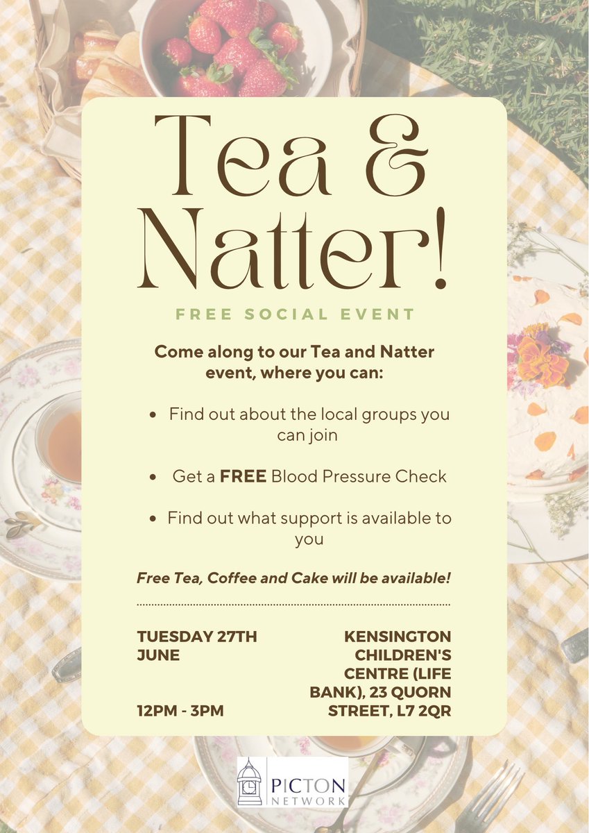 Join us next week for our Tea and Natter event! ☕️🫖💬

We’ll be at the Kensington Children’s Centre between 12-3pm next Tuesday offering Blood Pressure Checks, lifestyle advice,  information about support in the area, and most importantly, cake! 🧁🍰

Please share💛💛