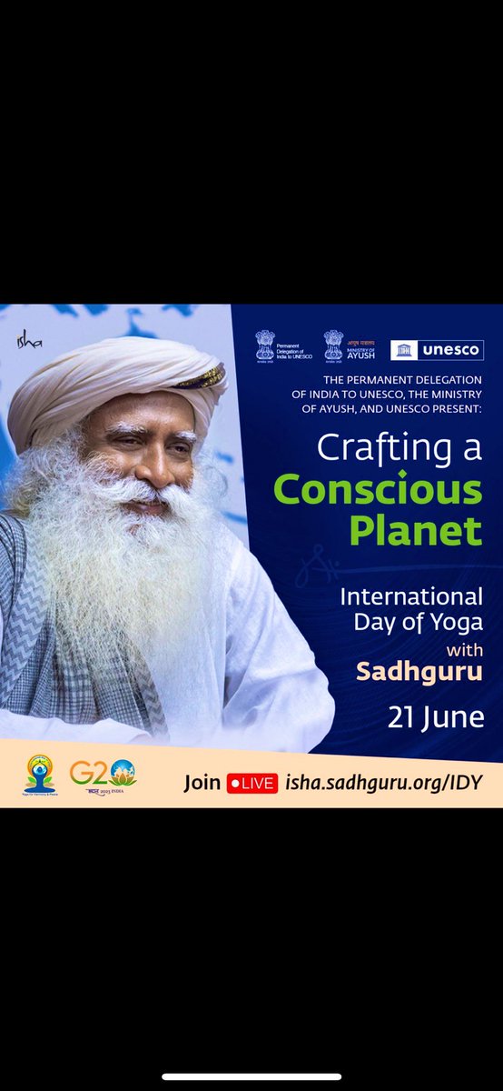 Yoga is not just a physical exercise; it's a way of life. 🧘‍♂️

On #IDY2023 let's spread the joy of yoga to every corner of the world. Together, we can create a healthier and more peaceful planet. 💚💚💚

Watch Live here…

Sadhguru.co/UNESCO

#SadhguruAtUNESCO 🧘‍♂️