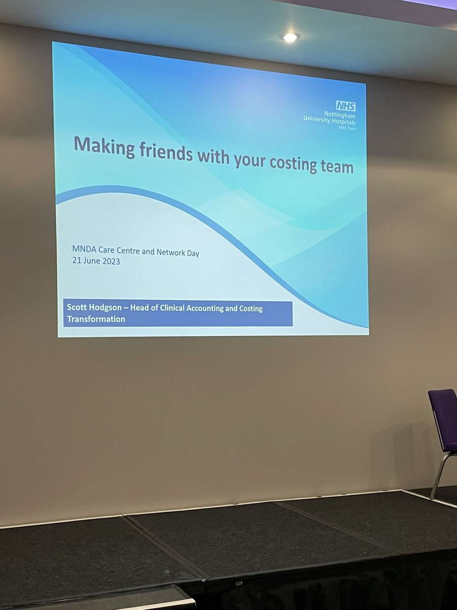 NUH_WAVE's tweet image. It was a privilege to present today at the MND Association Care Centre &amp;amp; Network Day.  A very engaging session and hopefully the audience will now go and make friends with their costing teams. Thanks for the invite @mndassoc #PLICS #NHSCosting @nottmhospitals