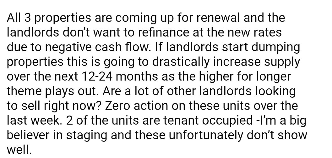 'Landlords facing negative cash flow and refusing to refinance, fueling an imminent ⬆️ in property supply, creating an unprecedented crisis in the real estate market.'
#ToRE 👇🏽