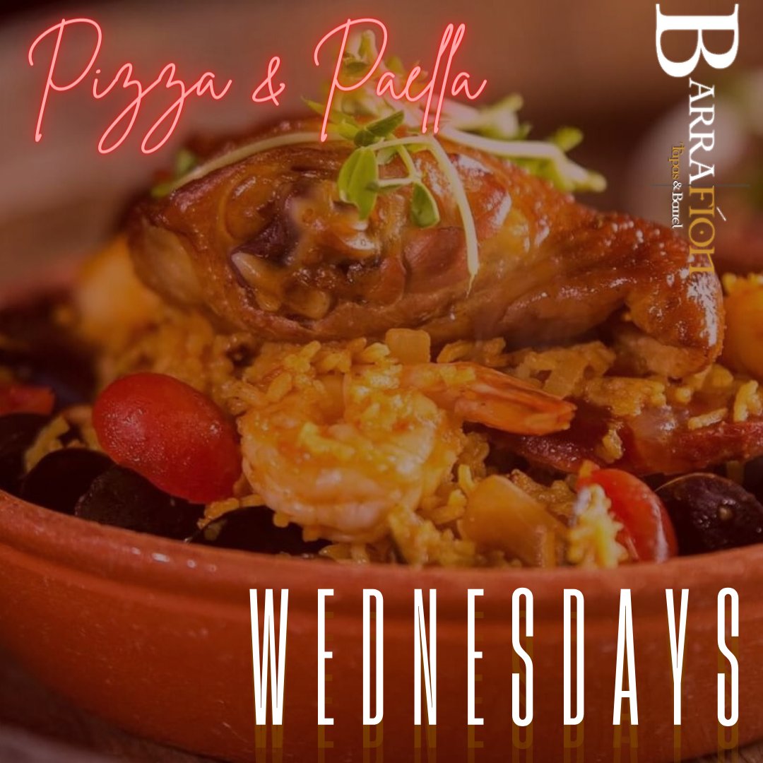 It's a Pizza & Paella Wednesday and we're open at Noon for Lunch so come on in and enjoy one of our Signature Paellas & Pizzas for $45 PLUS we have Tappy Hour available from 4-6 Featuring $8 Tapas & Mules! #pizza #paella #tapasbar