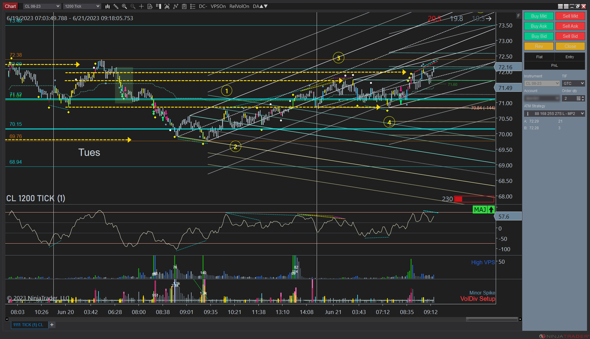 ivysoft's tweet photo. CL-20230620-21-MG Match up market profile over market geometry. In this case, it seems the oil king may be flushing upward significantly on the inventory day tomorrow?   Maybe this will happen overnight in the Asian or Euro sessions.   Momentum traders get killed. CL #NinjaTrader https://t.co/A15kCPb07c