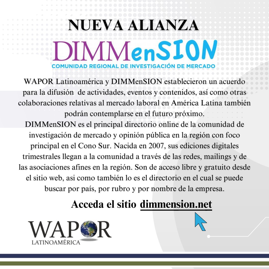 Nueva alianza entre Wapor Latam y @DIMMenSIONnet.  
Para conocer más sobre actividades, eventos, contenidos y otras colaboraciones relacionadas con el mercado laboral latinoamericano, visita el sitio web dimmension.net