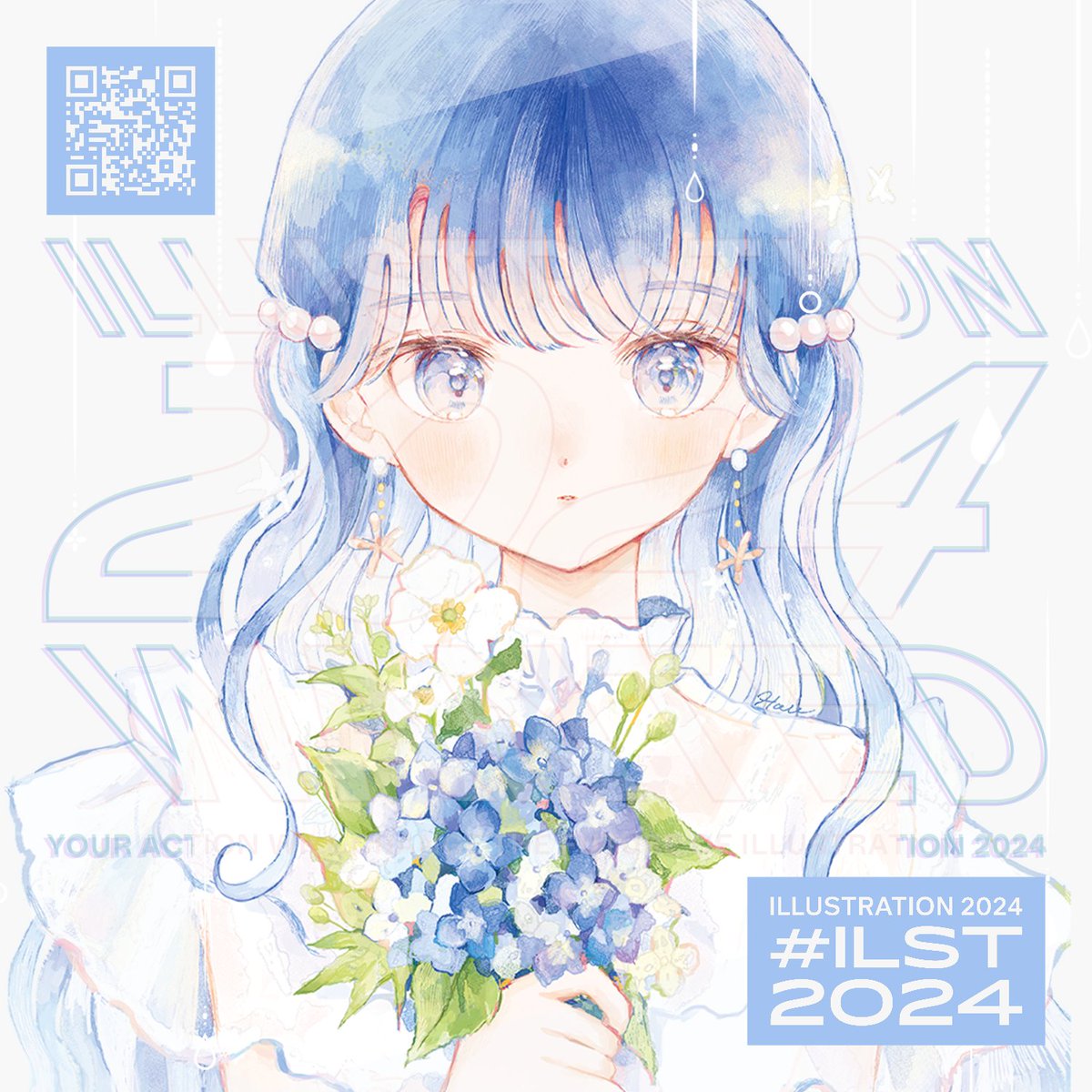 1girl solo flower blue hair bouquet holding looking at viewer  illustration images