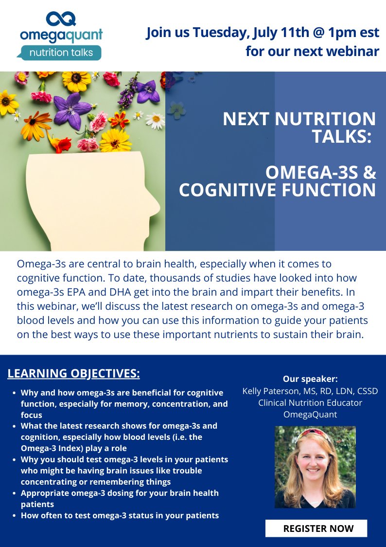 Join us for our next Nutrition Talks webinar on Tuesday, July 11th @ 1pm est., during which we will discuss the latest research on #omega3s and #omega3 blood levels and cognitive function. Register: events.teams.microsoft.com/event/a3620fa7…