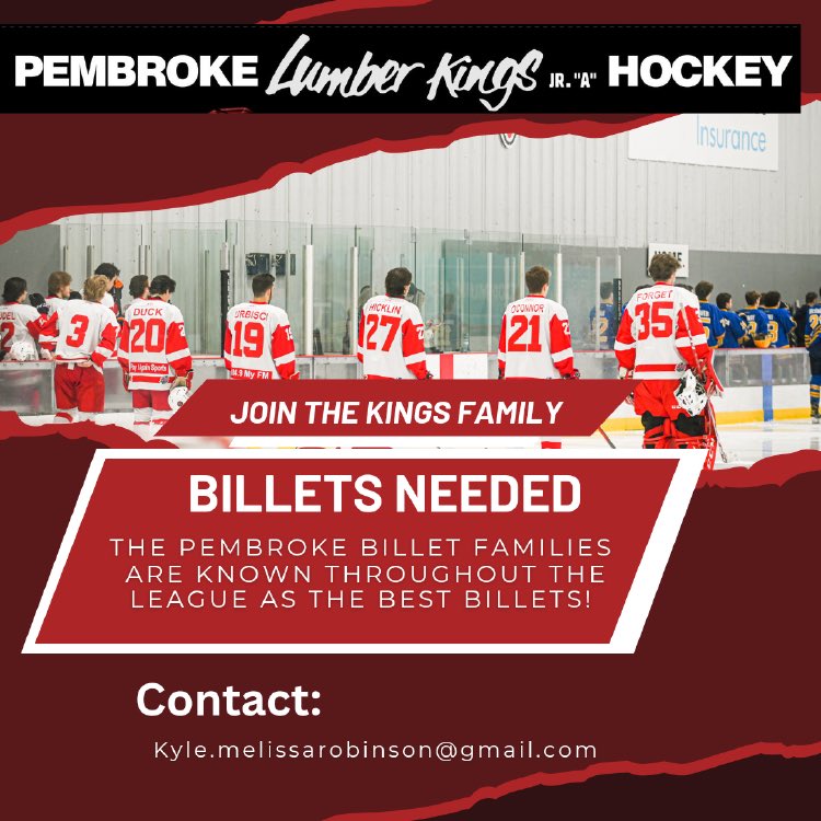 If you’re into hockey and have a spare room in your house, billeting a Junior “A” hockey player can be an extremely rewarding experience!  Contact our billet coordinator Melissa at the email address below for information!  Go Kings Go!
#AlwaysaLumberKing