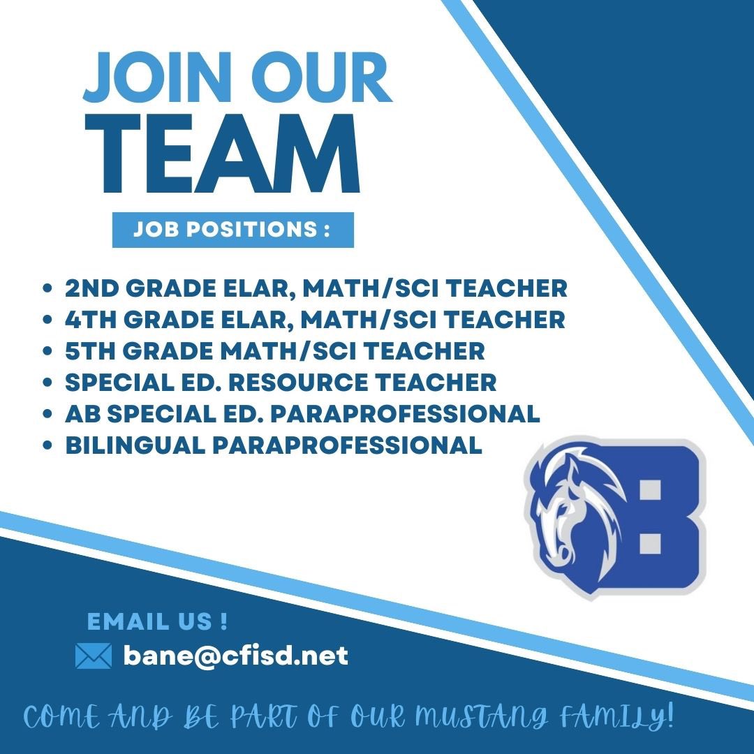 BaneElementary's tweet photo. 🔷 We are looking for dynamic educators to join our team for the 2023-2024 school year. 
📧 bane@cfisd.net
@CyFairISD https://t.co/oxQ4QxiULN