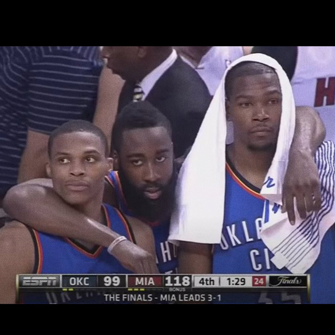 espn's tweet image. Eleven years ago, they played their last game together as a trio with the Thunder. 

🔷 KD: 23 
🔷 Russ: 23 
🔷 Harden: 22 

Imagine this trio today 🤯