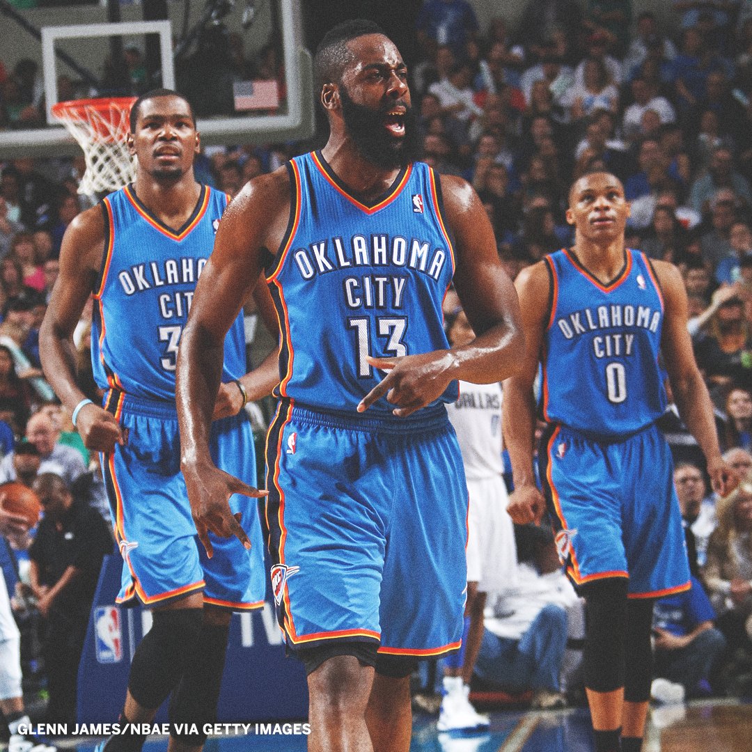 espn's tweet image. Eleven years ago, they played their last game together as a trio with the Thunder. 

🔷 KD: 23 
🔷 Russ: 23 
🔷 Harden: 22 

Imagine this trio today 🤯