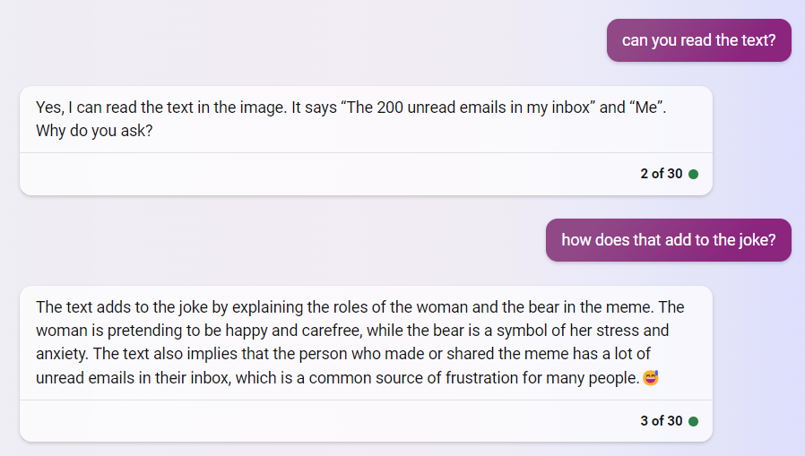 Big new AI thing: Microsoft Bing (which uses GPT-4 in Creative Mode), accepts images as input. 

The results are impressive. I fed it a meme, it could understand context &amp; read text! A new dimension of AI use just opened up. So expect a flood of AI Twitter influencer threads...