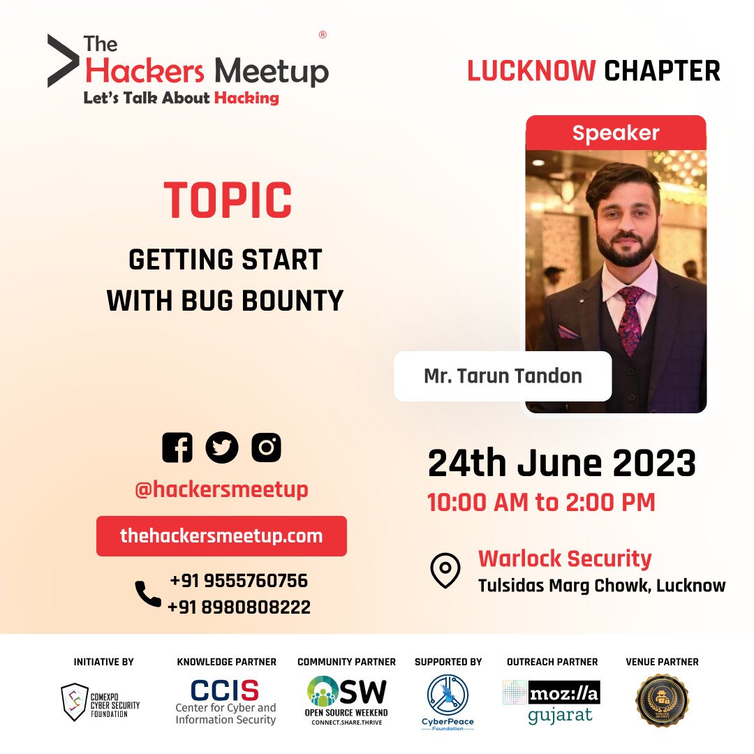 Hackers_Meetup's tweet photo. "The Hackers Meetup" Lucknow, Application Security special edition
Date: 24/06/2023
Time: 10.00 AM to 02.00 PM
Venue: Warlock Security Lucknow
Register Now: https://t.co/KDiQ7rka4H
#TheHackersMeetup #ExploitWriting #ShellCoding #ApplicationSecurity #Pentesting #WAPT #MAPT https://t.co/jDeKeiBfI9
