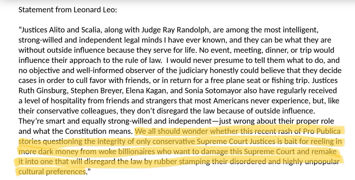 One of the most bizarre public statements I’ve ever seen.  

Leo: Fancy trips couldn’t possibly influence a Supreme Court justice, but these ProPublica pieces? They’re a bat signal for ‘woke billionaires’ to promote their ‘disordered … cultural preferences.’

Seriously, wtf?