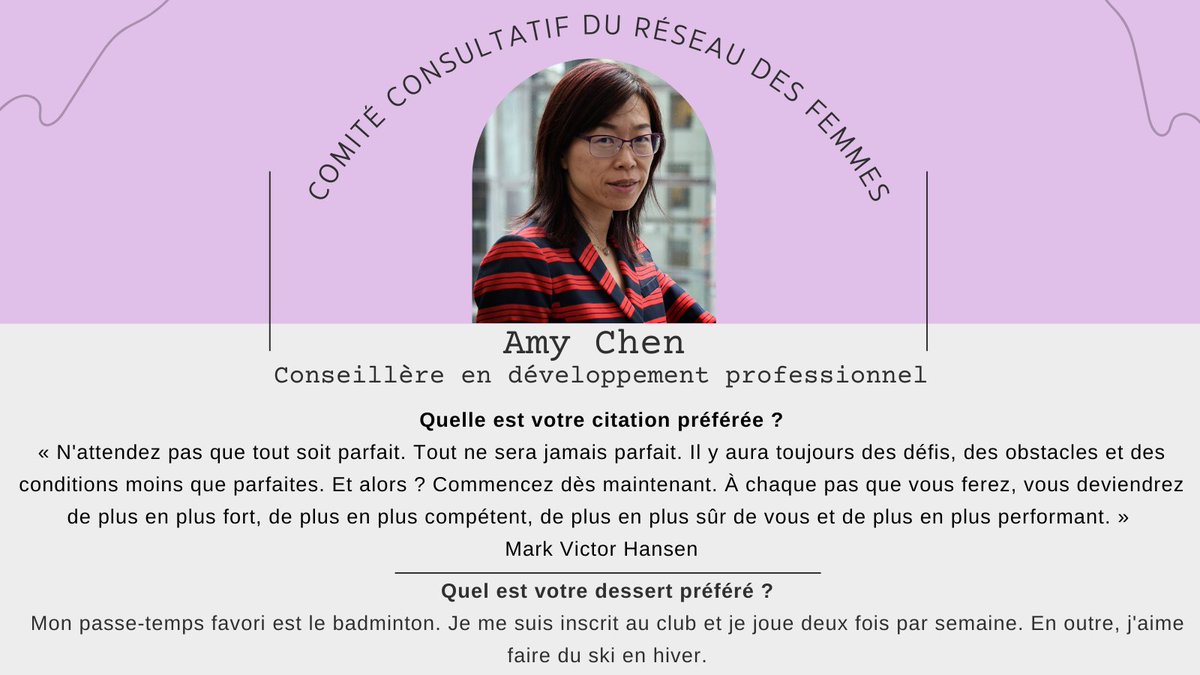 Bienvenue à Amy Chen en tant que nouvelle conseillère en développement professionnel. Amy se consacrera à la promotion de la croissance professionnelle au sein de notre communauté et à l'établissement de solides relations de mentorat. Bienvenue à Amy !