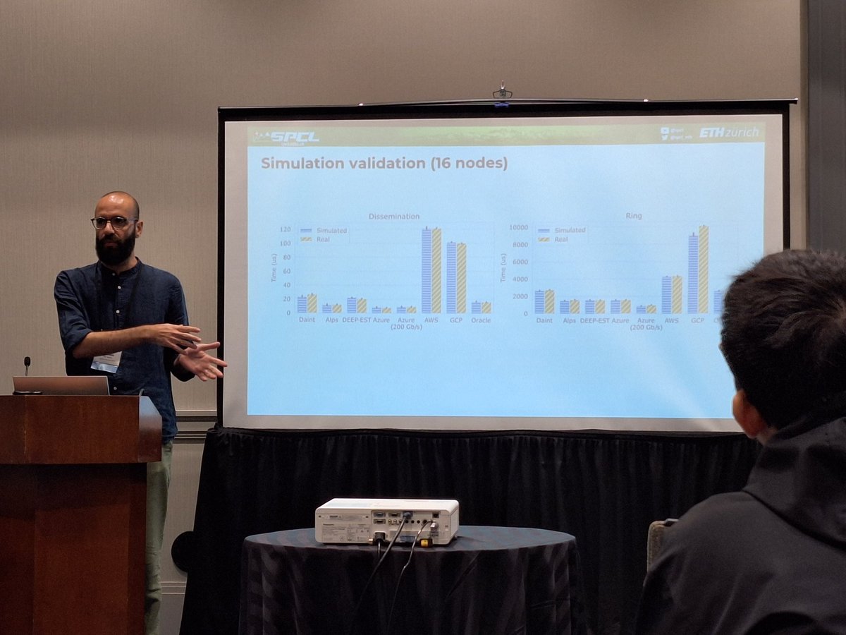 thoefler's tweet photo. Daniele presents our study on Cloud vs. #HPC networking at ACM SIGMETRICS'23 at #FCRC23. Many clouds are strong contenders some may have some scalability limits due to network noise. All are great technologies!
Detailed results in the paper: https://t.co/stFqwQ6nLA
@spcl_eth https://t.co/K2ipkYrmlV