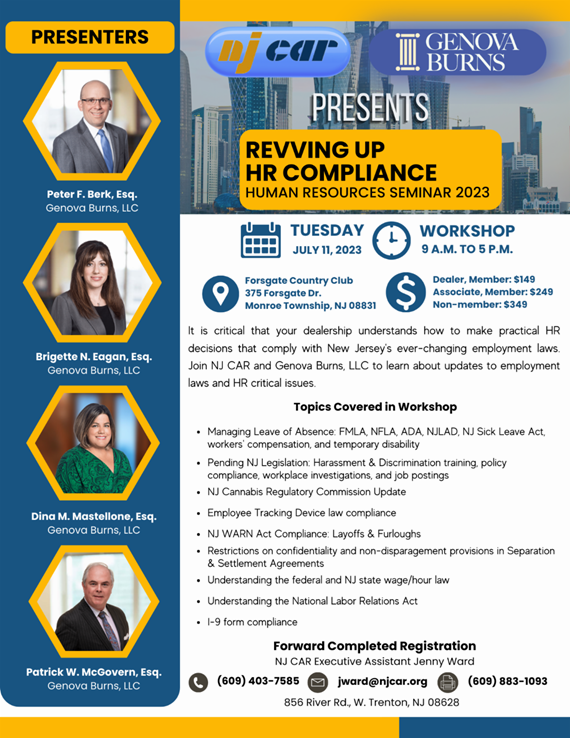 GenovaBurns's tweet photo. #GenovaBurns Labor, #EmploymentLaw &amp; #HumanResources, Counseling &amp; Compliance specialists to present @NJCAR1918 seminar entitled, "Revving Up #HRCompliance" on July 11. [#NowMoreThanEver #FMLA #ADA #WARNAct #NJCAR #NLRA] Register at the following link: https://t.co/C7JaviTQPo https://t.co/6RfmsybgTO