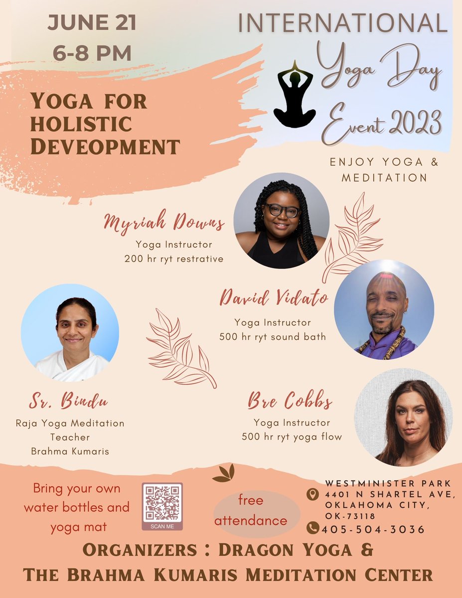 International Day of Yoga Event - Enjoy Yoga &amp; Meditation in the Park. Theme- Yoga for Holistic Development. Please find details in the flyer.
Register at eventbrite.com/e/647568082567
#YogaDay2023 #InternationalDayofYoga2023 #OklahomaCity #eventsinoklahoma #yoga
