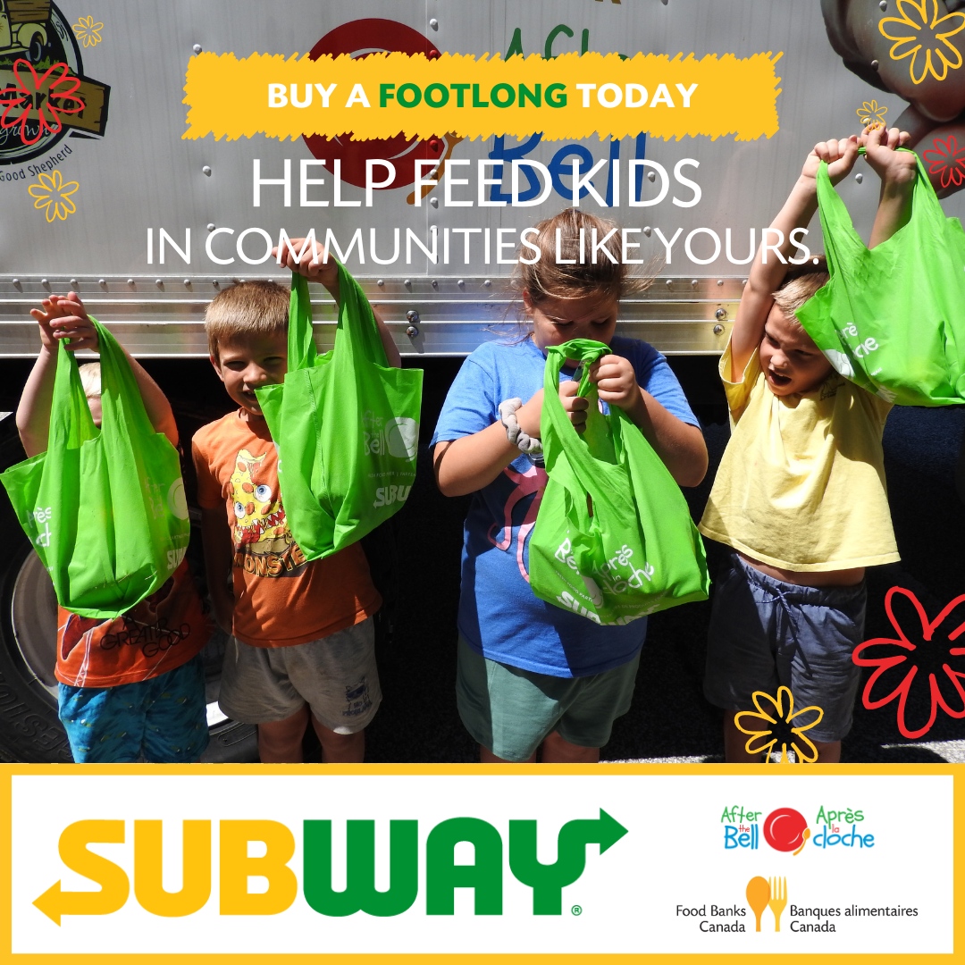 It's here - the #NeverMissLunch event! Today when you purchase any Footlong sandwich from @subwaycanada restaurants, Subway will donate $1 to our child hunger initiative, #AftertheBellProgram. nevermisslunch.ca