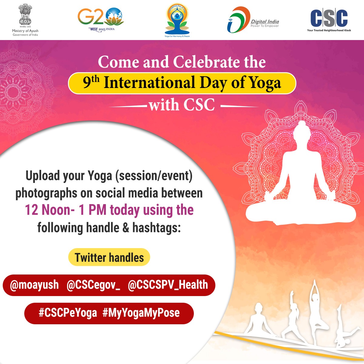 CscParivar's tweet photo. Come & Celebrate the 9th #InternationalDayOfYoga with #CSC...
Upload your Yoga(session/event) photographs on social media between 12 Noon- 1 PM today using the following handle & hashtags:
Twitter handles: @moayush @CSCegov_ @CSCSPV_Health
Hashtags: #CSCpeYoga #MyYogaMyPose https://t.co/gtE2S4IJke