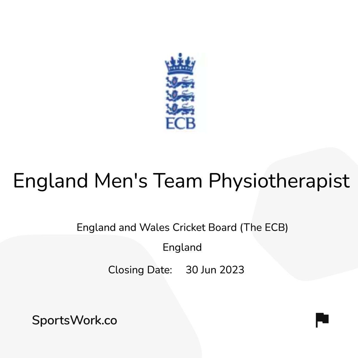 ⭐️  New Vacancy

🏏 England & Wales Cricket Board (The ECB)

🤲 England Men's Team Physiotherapist

📍 England

More information can be found here - sportswork.co/jobs/england-a…

#sportswork #sportsjobs #workinsport #England