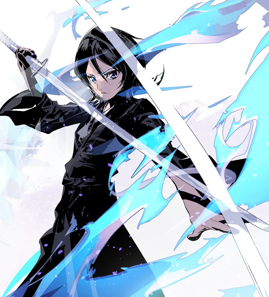 kuchiki rukia 1girl black hair weapon sword solo japanese clothes holding  illustration images