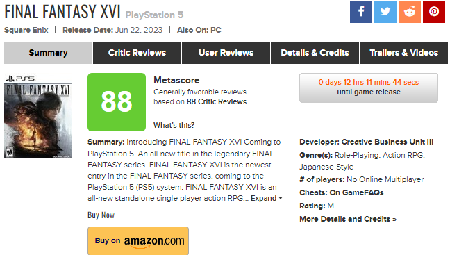 gamese__'s tweet photo. FINAL FANTASY XVI está com nota 88 no Metacritic! https://t.co/XHTyTuI3rQ