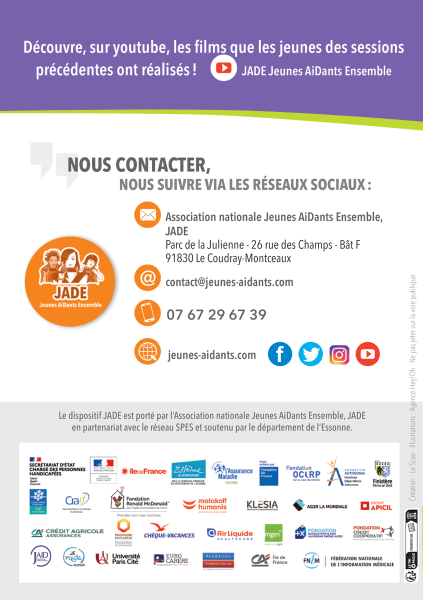 Les inscriptions pour les Ateliers JADE Essonne 2023-2024, dixième édition, c'est maintenant ! Contactez-nous sans tarder.

👉 07 67 29 67 39
👉 contact@jeunes-aidants.com