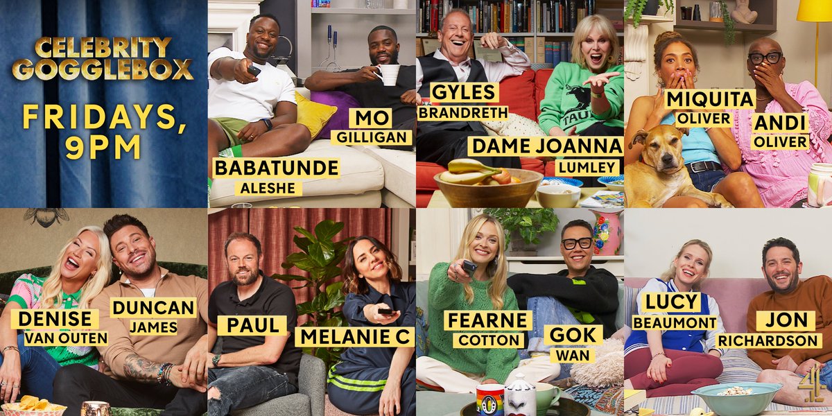 Are you enjoying #CelebrityGogglebox as much as us? 🤩 

There's loads more to come, take a look at this week's returning celebs! 🙌 

We're back at our usual time of 9pm this Friday on @Channel4! 📺👀⭐️🙌
