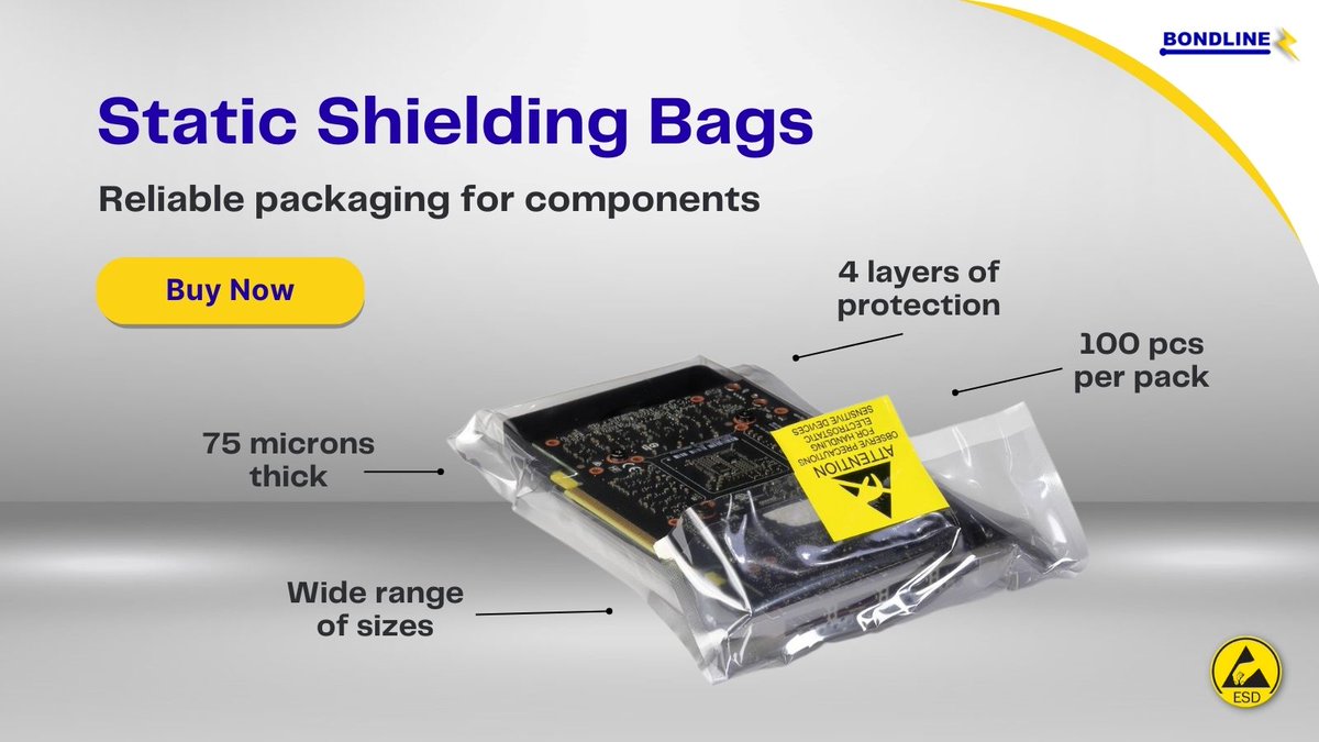 Our best-selling static shielding bags are in-stock, ready for dispatch.

Order online before 1PM* tomorrow for next day UK delivery ➡️ bondline.co.uk/product/esd-ba…

#BondlineElectronics #ESD #StaticControl #ElectronicsManufacturing #ElectronicComponents