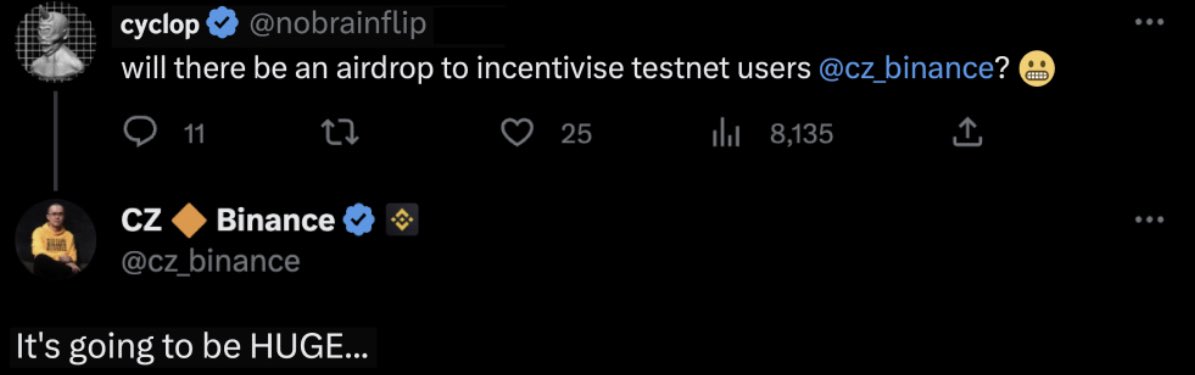 CEO de Binance confirma airdrop para usuarios de la testnet de opBNB🚀

opBNB sera un token de BNB en la red de Optimism!💎