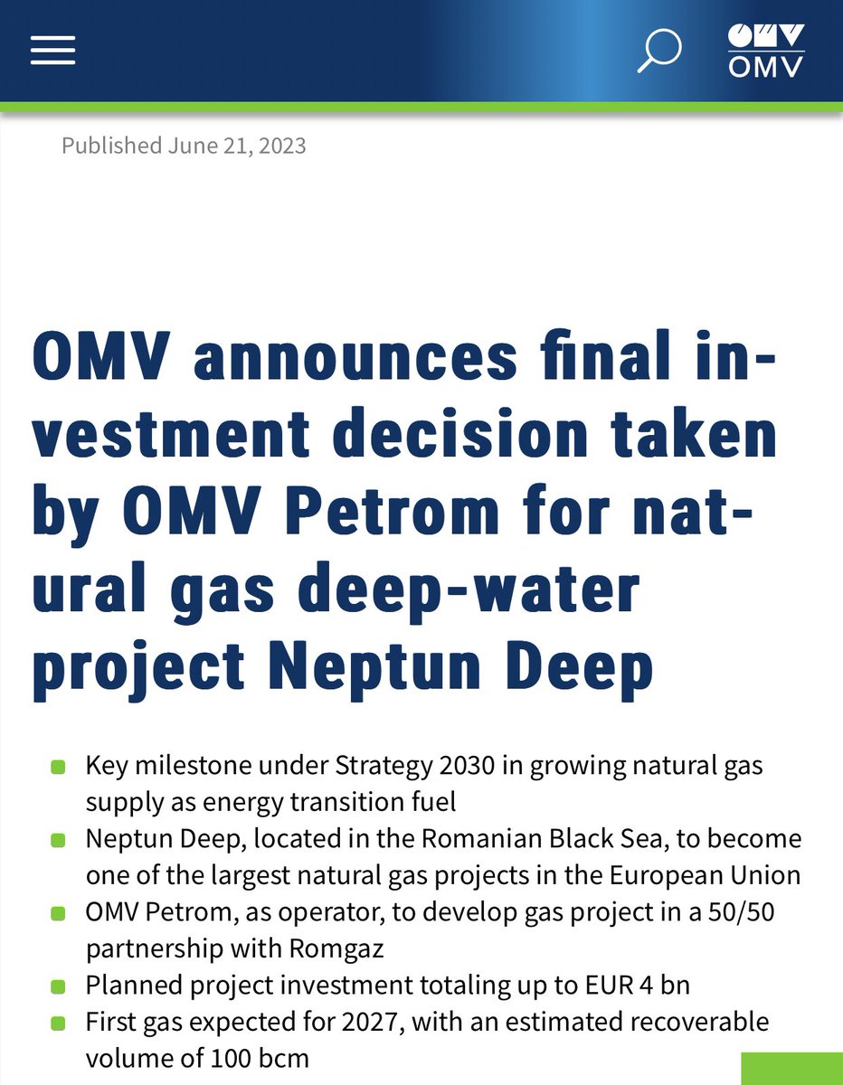 OMV has taken FID on the Neptun Deep gas project in the Romanian Black Sea

First production is expected in 2027

omv.com/en/news/230621…
