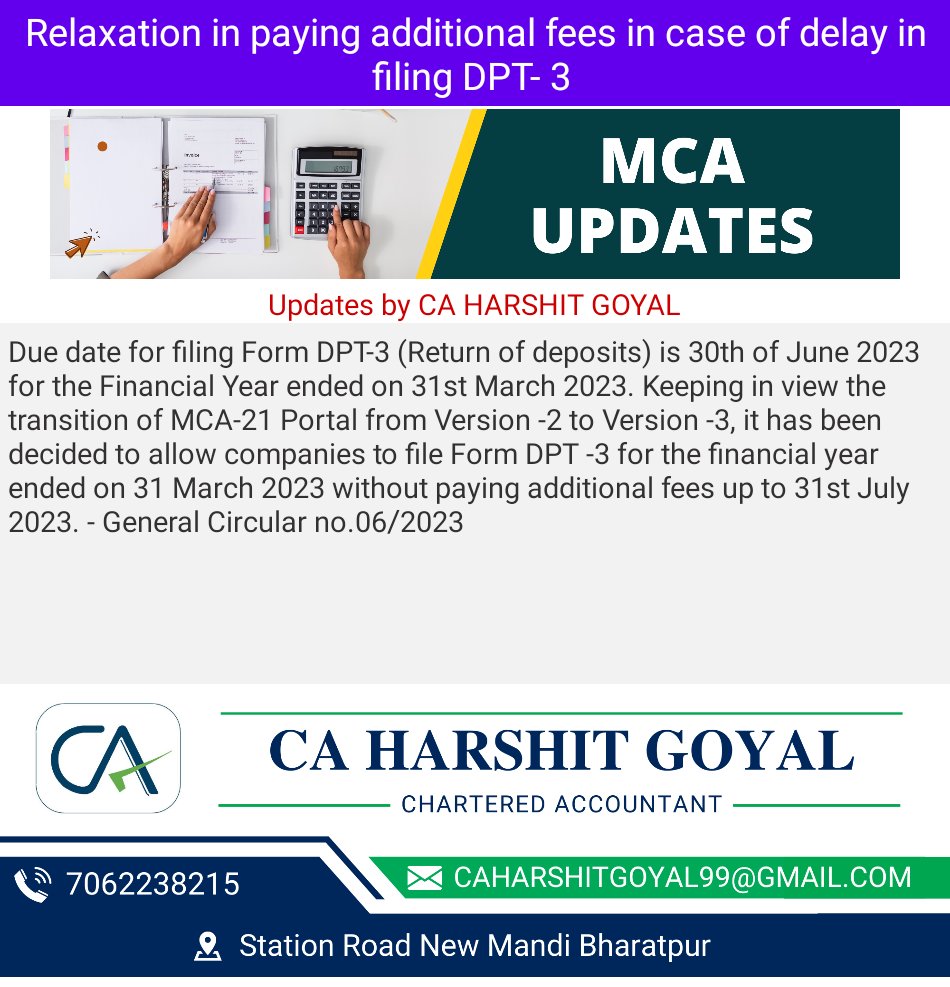 Relaxation in paying additional fees in case of delay in filing DPT-3
#mca #taxupdates #startup