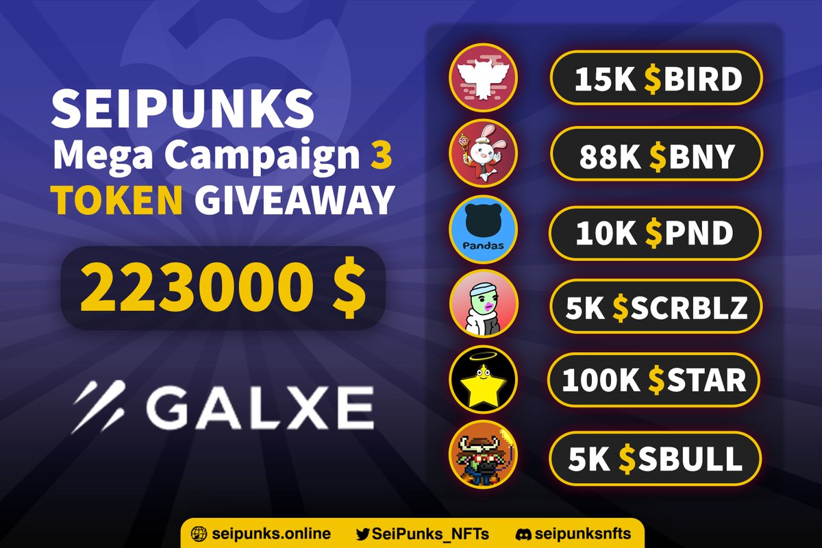 🔥𝐌𝐞𝐠𝐚 𝐠𝐢𝐯𝐞𝐚𝐰𝐚𝐲🔥 
Join the winners' circle and enter our 𝟐𝟐𝟑𝐤 𝐭𝐨𝐤𝐞𝐧 giveaway now!! 
🚢 To enter:
galxe.com/seipunksnfts/c…
 𝐃𝐫𝐨𝐩 𝐲𝐨𝐮𝐫 𝐬𝐞𝐢 𝐚𝐝𝐝𝐫𝐞𝐬𝐬 👇
#Sei #seinetwork
