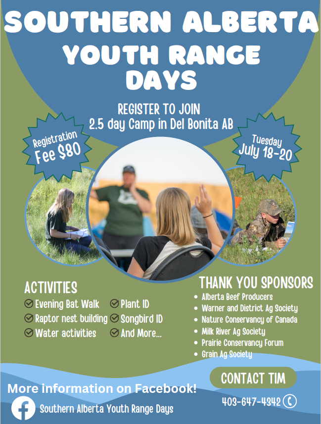albertabeef's tweet photo. There’s still time to register for Southern Alberta Youth Range Days! This day camp for youth ages 13-18 includes water sports, evening bat call walks, campfires, birds of prey presentations, rangeland management, songbird identification, and much more!

https://t.co/Z98nfeCYUj https://t.co/Uicf00HeTL