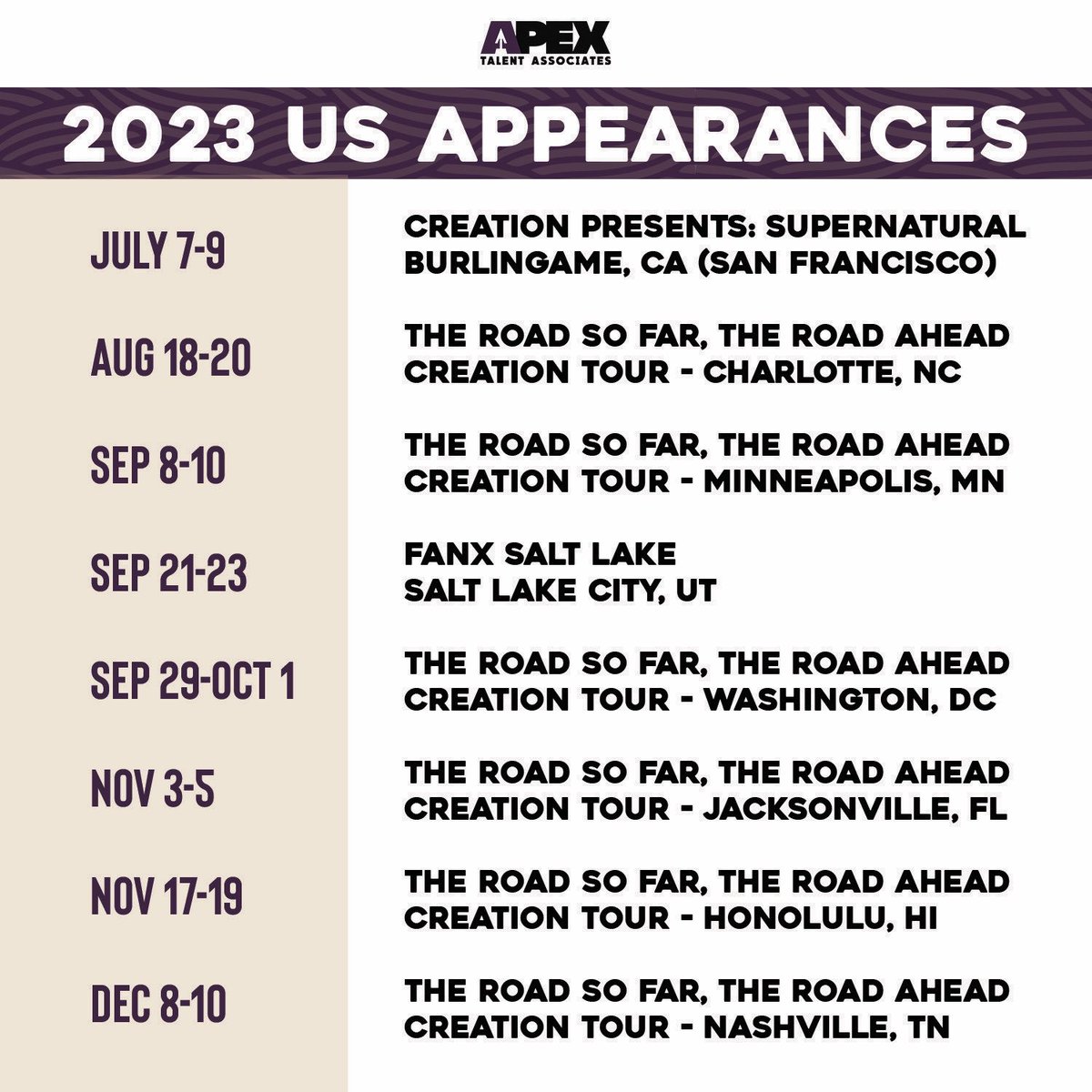 Hey y’all. I’m gonna be traveling around a bit and I hope you can come cross paths with me! Heres where I’ll be… 😁🤞#SPNFamily #WalkerFamily #AKF