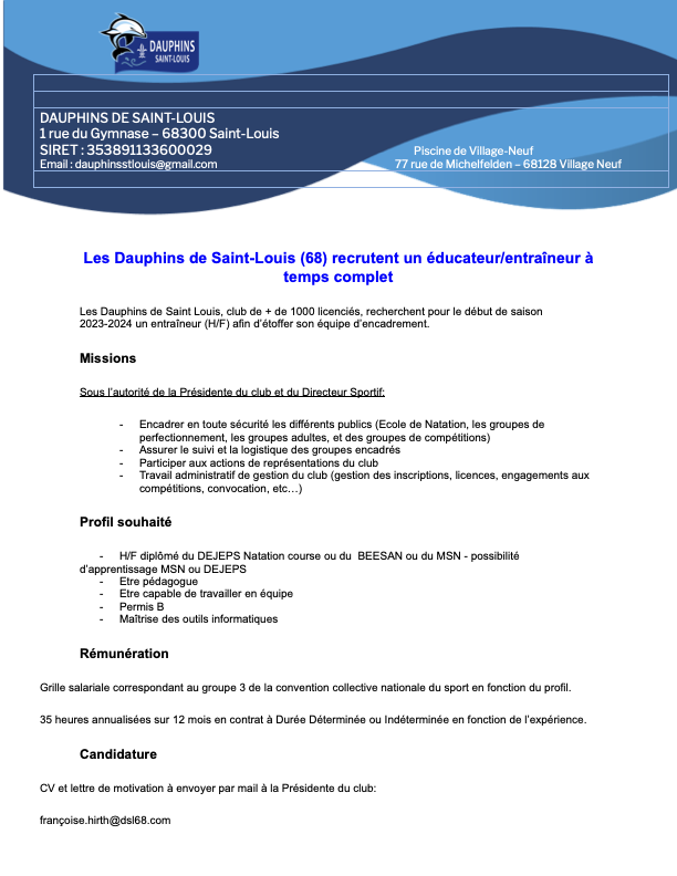 est_natation's tweet photo. [OFFRE D'EMPLOI] - Saint-Louis 🇫🇷

👉 Les Dauphins de Saint-Louis sont à la recherche d'un entraîneur pour la saison 2023/2024.

ℹ️ Vous trouverez toutes les informations sur la fiche de poste ci-dessous. ⬇️

#liguegrandestdenatation #regiongrandest #OffreEmploi https://t.co/wmRJi5Jd0X