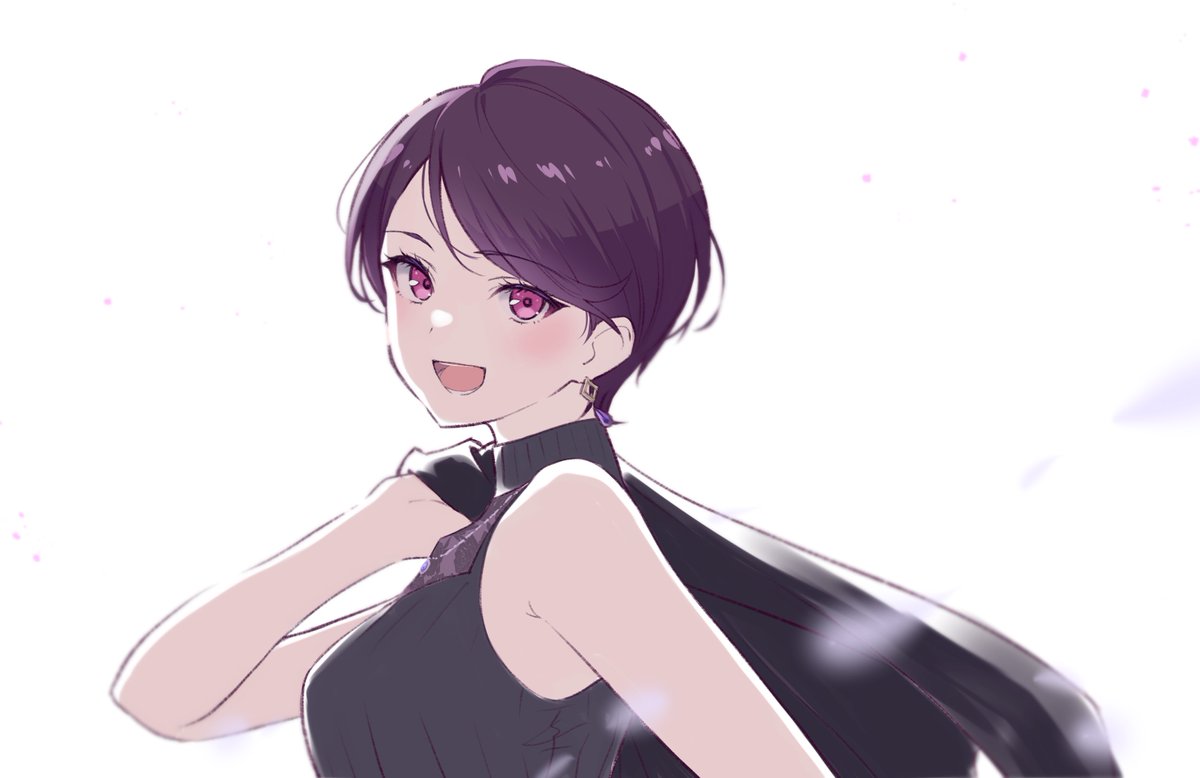 1girl solo short hair jacket removed smile sleeveless looking at viewer  illustration images