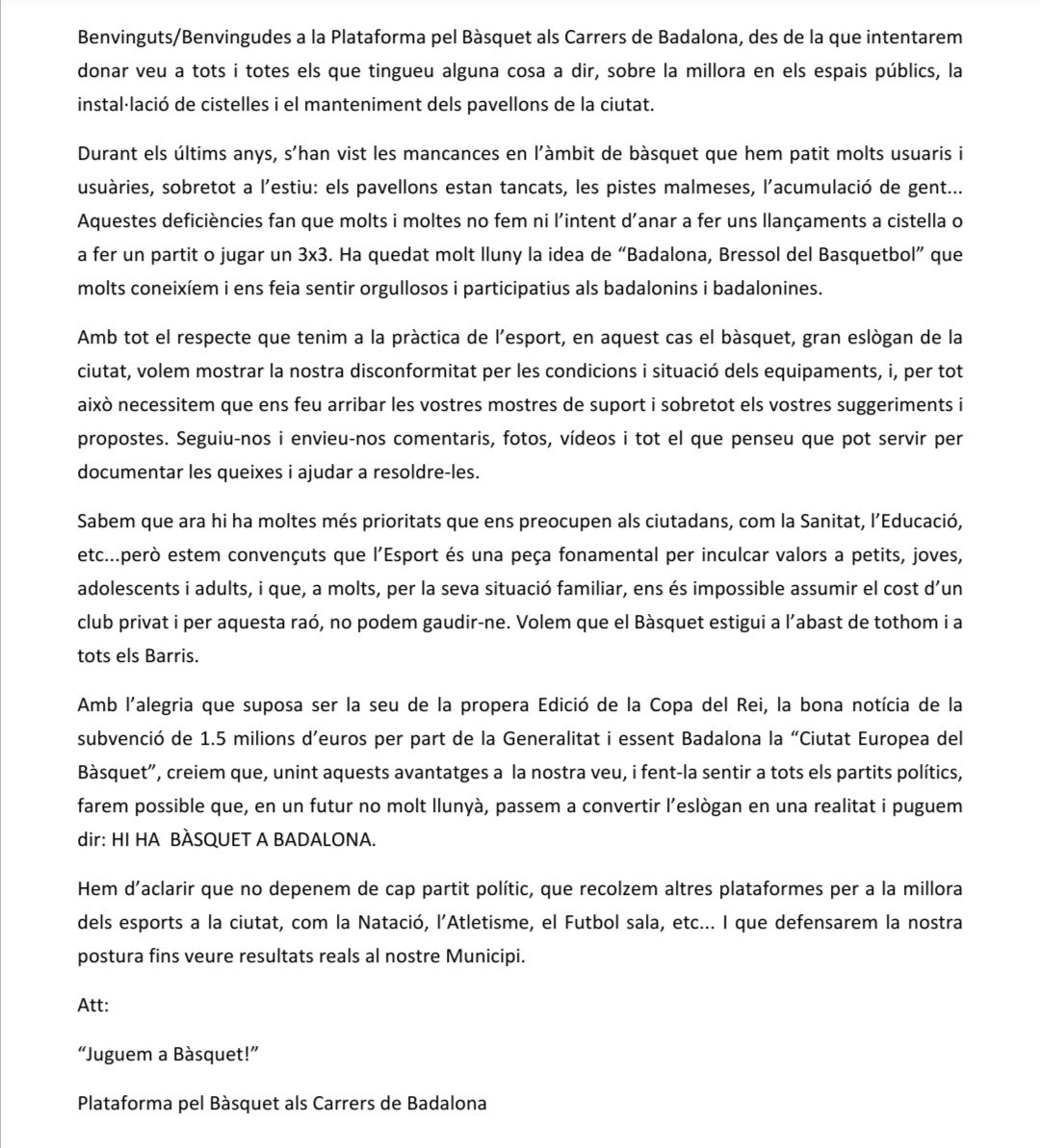 Va ser un plaer posar veu al 3x3 reivindicatiu organitzat per la plataforma <a href="/juguemabasquet/">Juguem a bàsquet!</a> i <a href="/sobrelabocina/">Sobre La Bocina</a>. 

Il.lusió també per compartir esdeveniment amb el gran Xavi Morera, el mestre de mestres.

Us deixo el manifest de la plataforma, gran iniciativa!!!!

📸 <a href="/TecnoHoopers/">TecnoHoopers</a>