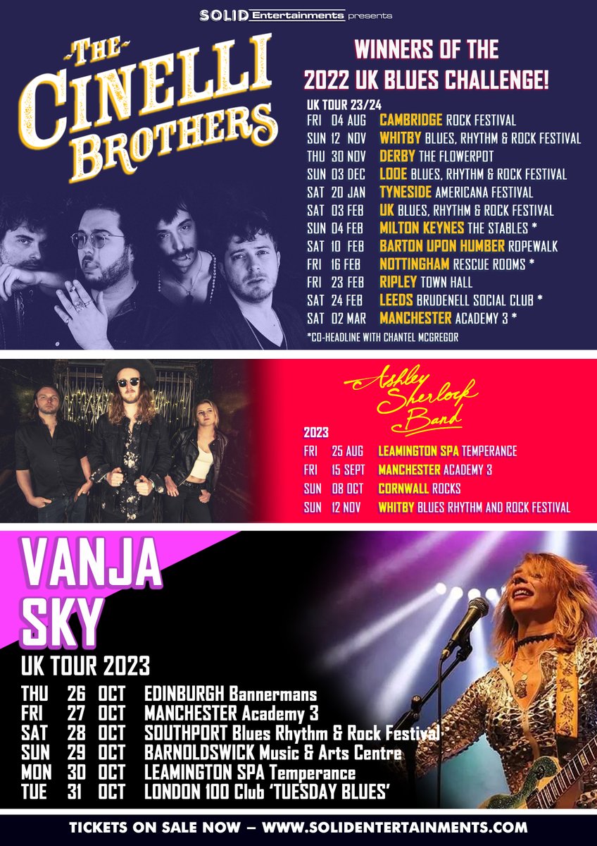 The latest Tour dates for: The Cinelli Brothers - Advance tickets at solidentertainments.com/presents.htm#C… Ashley Sherlock Band - Advance tickets at solidentertainments.com/presents.htm#A… Vanja Sky - Advance tickets at solidentertainments.com/presents.htm#V…