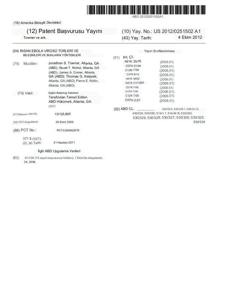2012 tarihli Amerika Birleşik Devletleri 'Ebola' Patent Başvurusu,