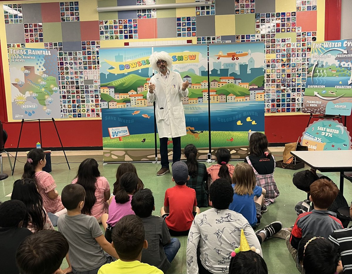 Thank you <a href="/AustinWater/">Austin Water</a> Dowser Dan for visiting <a href="/THESThunderbird/">Travis Heights Elementary School</a> Summer Camp and teaching our students about water conservation! What a fun and engaging school assembly program! <a href="/AISDElementary/">@AISDElementaryProud</a>