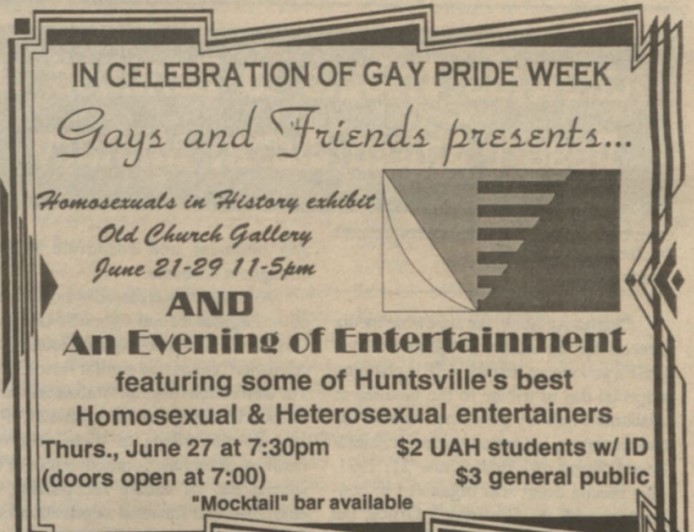 Happy Pride Month! Here is an old article about Gay and Friends UAH's first LGBTQIA Organization