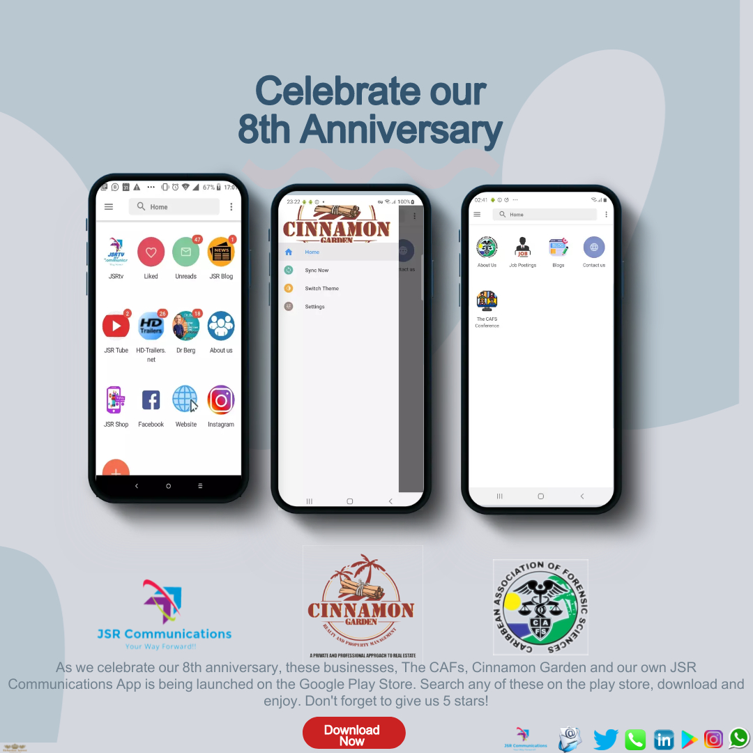 As we continue to celebrate 8 years of service, android apps have been launched on the google play (play.google.com/store/apps/dev…) store for @cafs_forensics and @cinnamongardenrealty 
Download the apps and give us your feedback #JSRCommunications #YourWayForward #Anniversary #AppLaunch