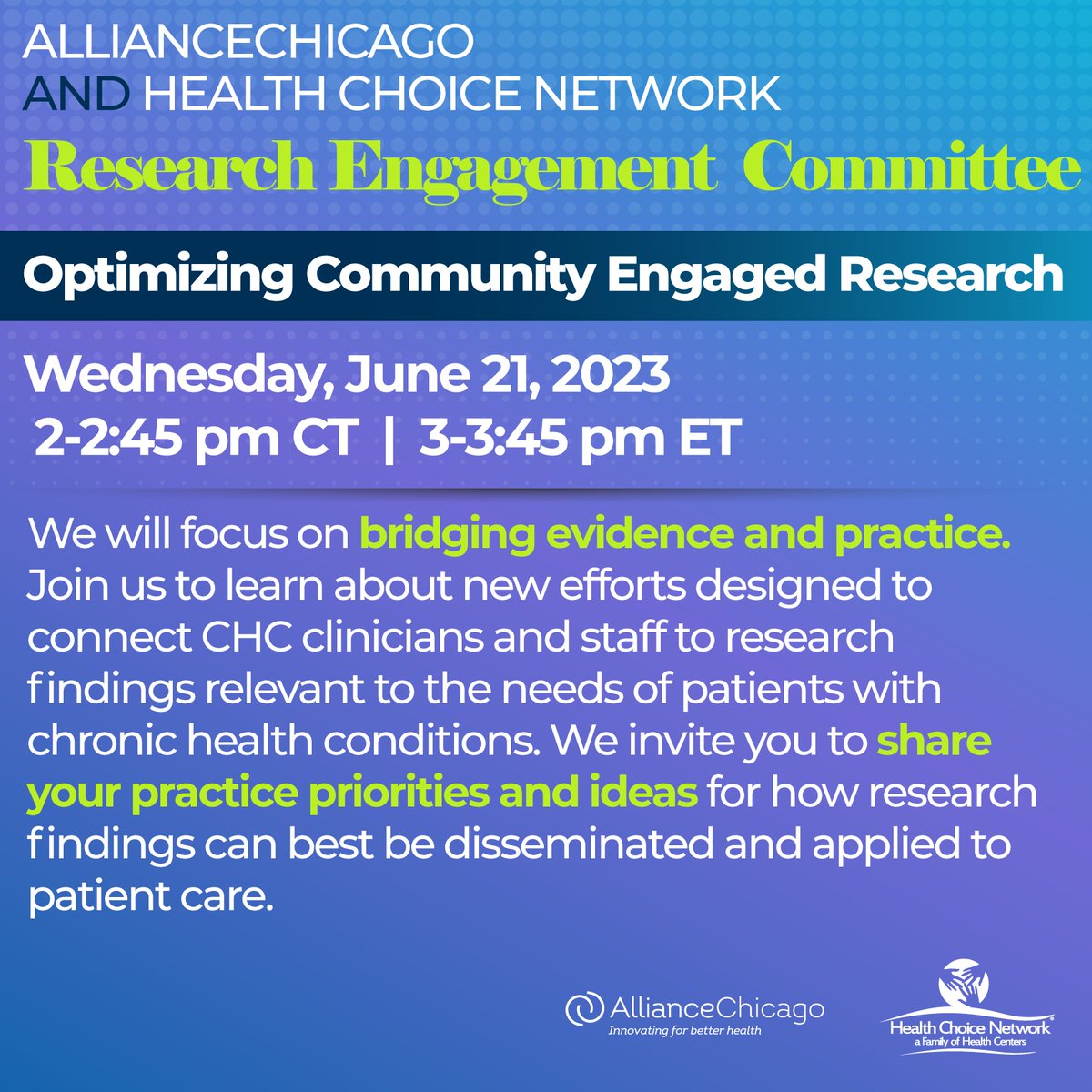Join @alliancecchs  and HCN for our Research Engagement Committee (REC) meeting today where we will focus on bridging evidence and practice. 
 
Register today! teams.microsoft.com/registration/r…

#research #AC #alliancechicago #HCN #FQHCs #HCCNs #REC #communityresearch #patientcare #CHCs