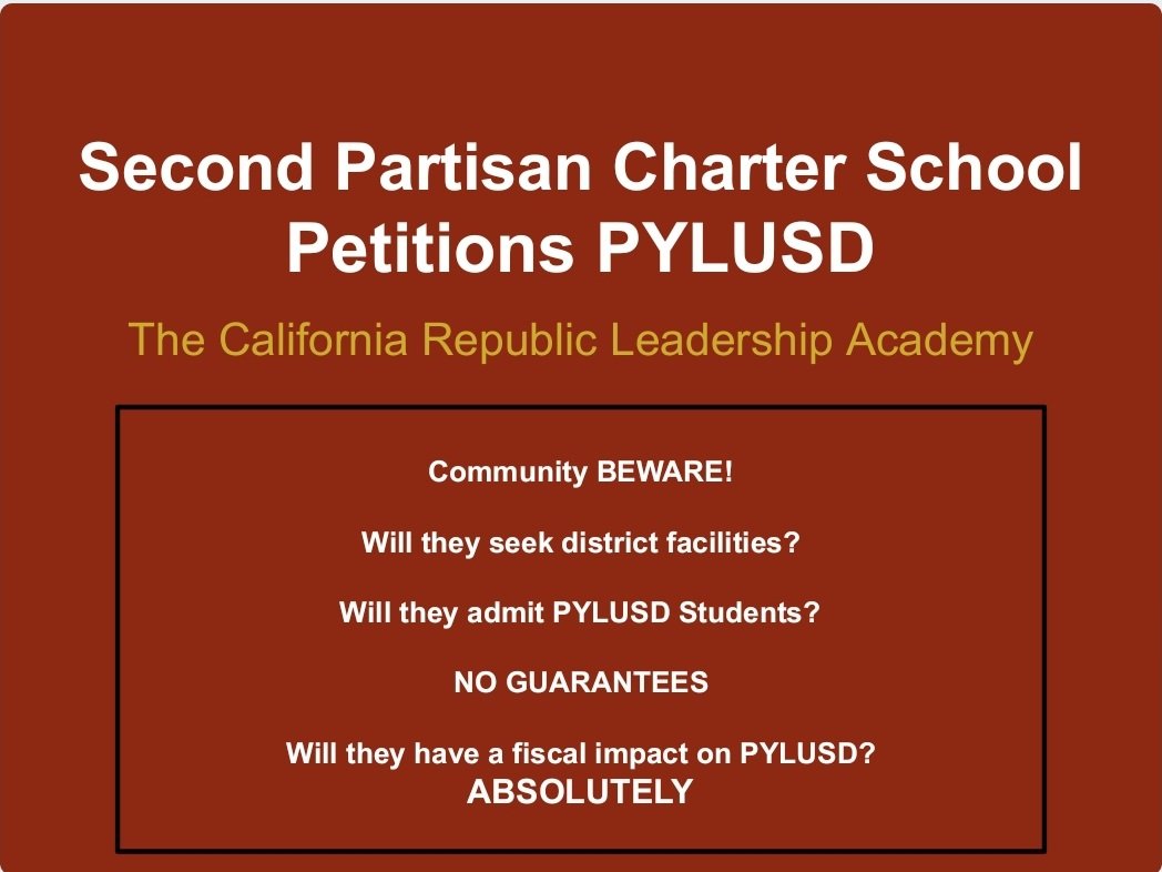 NPylusd's tweet photo. *****Public Post

PYLUSD STUDENTS FIRST!
Charters can petition for space on any campus in the district.
Both California Republic Leadership Academy and Orange County Classical Academy have waiting lists that do not necessarily include PYLUSD students. https://t.co/UipS8sOb7K