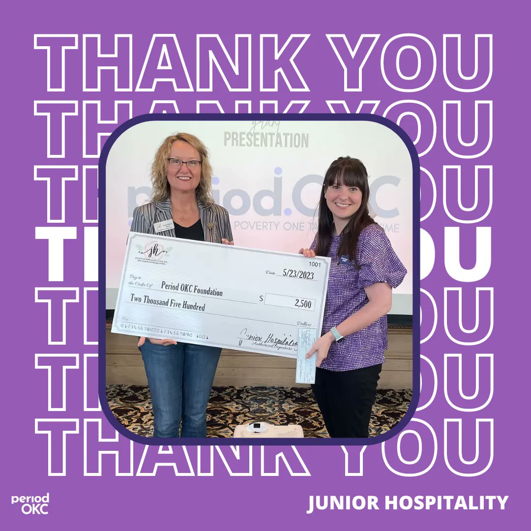 🙌 A huge THANK YOU to @juniorhospitality for their incredible $2,500 donation to Period OKC! 🎉 Your support means the world to us and will help us provide essential period products to those in need.
