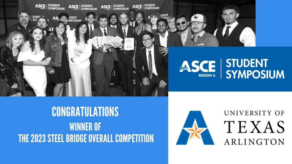 TEXASCEtweets's tweet photo. Join #TexASCE in congratulating the ASCE Region 6 Student Symposium 2023 Winner of the Steel Bridge Overall Competition --AND-- 2023 National 1st place in Lightness for Steel Bridge, the University of Texas at Arlington. @utarlington
#R6ASCE23 #ASCE #ASCEYM https://t.co/36vvTHzq0V